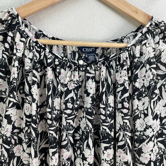 Chaps Womens Plus 2X Black White Boho Floral Ruffle Sleeve Blouse Shirt - Picture 7 of 11